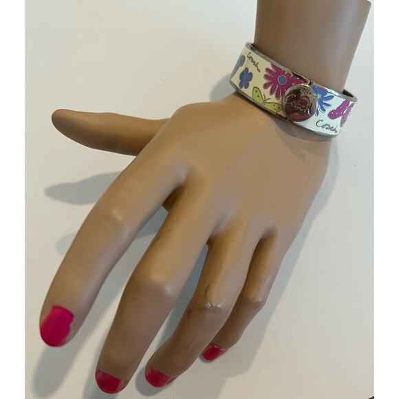 COACH Round Button Close Off White Enamel Colored Butterflies Bangle Bracelet - Picture 1 of 7
